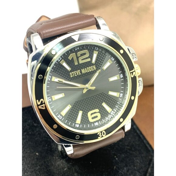 Steve Madden Men's Watch SM-9132TT Quartz Black Dial Brown Leather Band 45mm - Picture 12 of 13